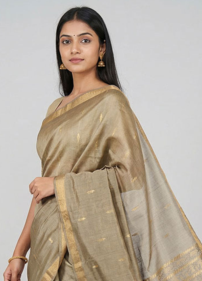 Green Handloom Tussar Pure Silk Saree With Blouse Piece