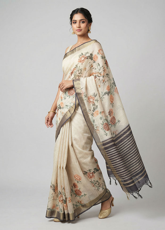 Cream Tussar Silk Saree With Blouse Piece