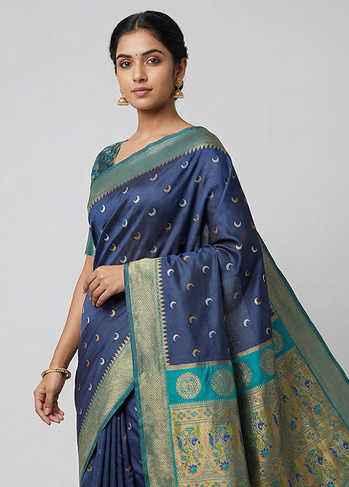 Blue Dupion Silk Saree With Blouse Piece