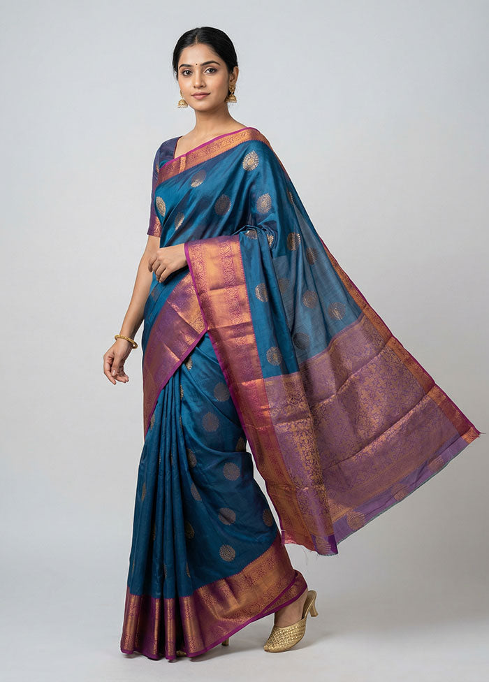 Blue Dupion Silk Saree With Blouse Piece
