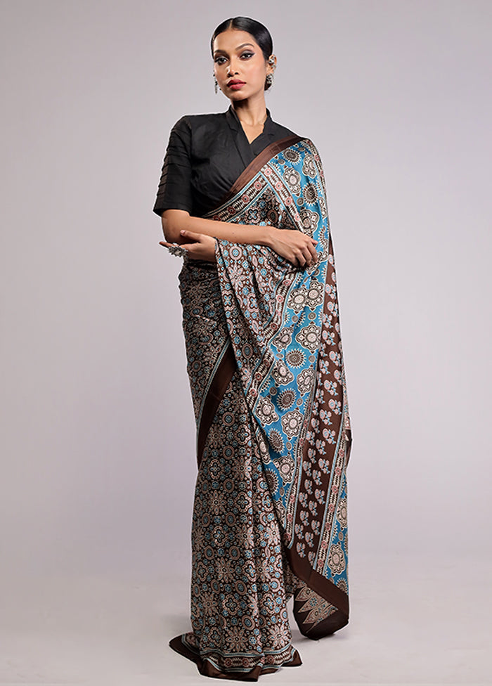 Blue Printed Silk Saree With Blouse Piece
