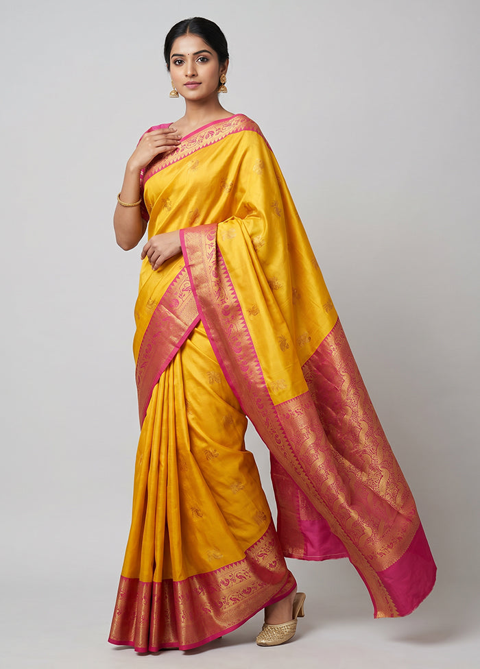 Yellow Dupion Silk Saree With Blouse Piece