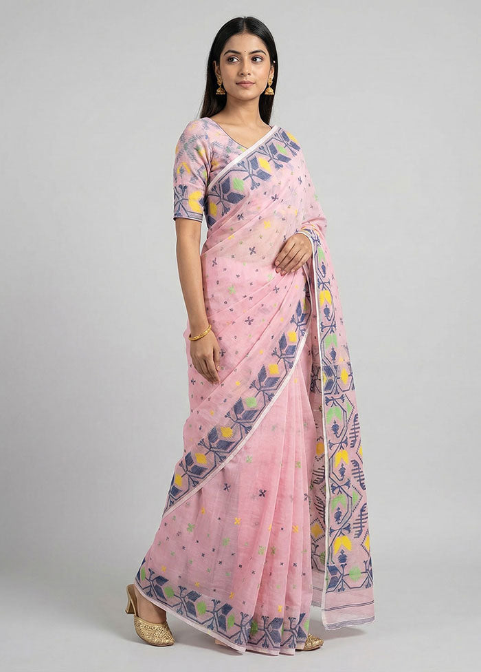 Pink Jamdani Cotton Saree Without Blouse Piece