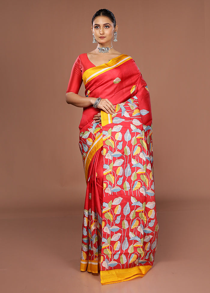Red Printed Silk Saree Without Blouse Piece