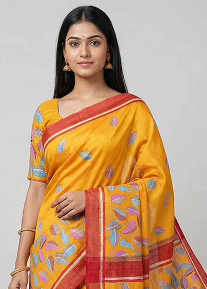 Yellow Printed Silk Saree Without Blouse Piece