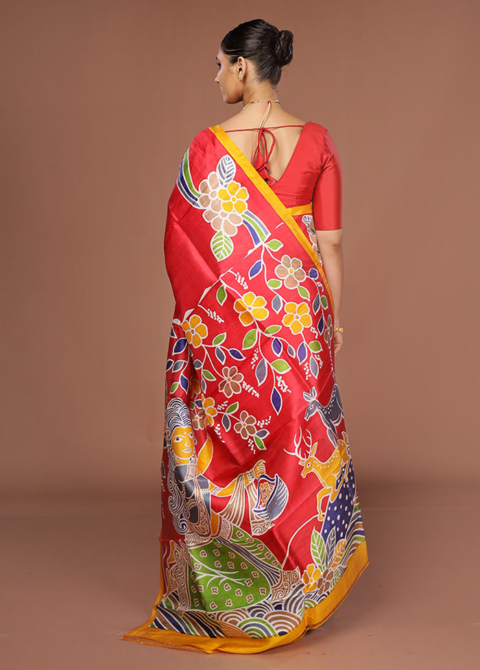 Red Printed Silk Saree Without Blouse Piece