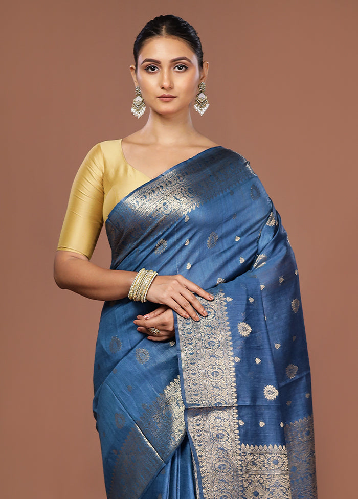 Blue Tussar Silk Saree With Blouse Piece