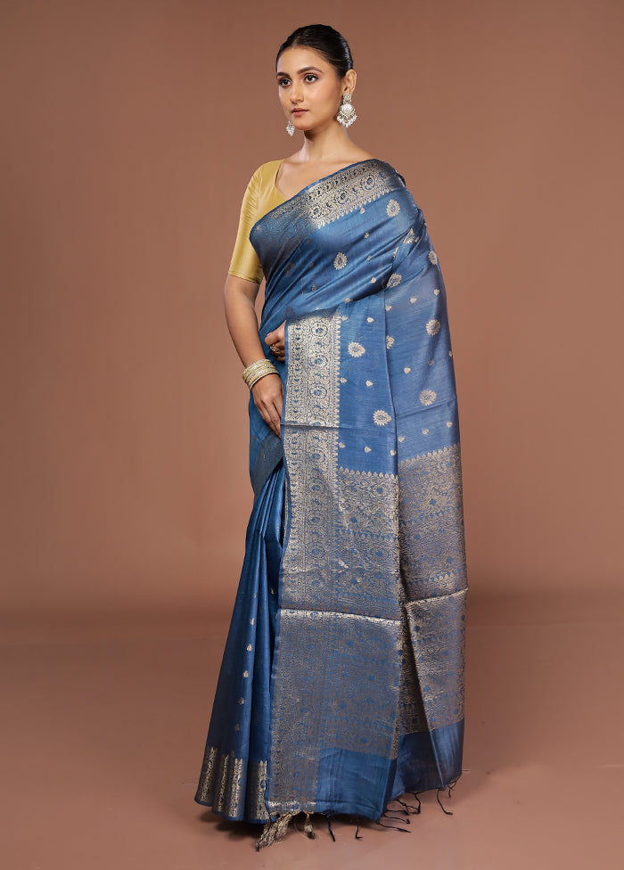 Blue Tussar Silk Saree With Blouse Piece