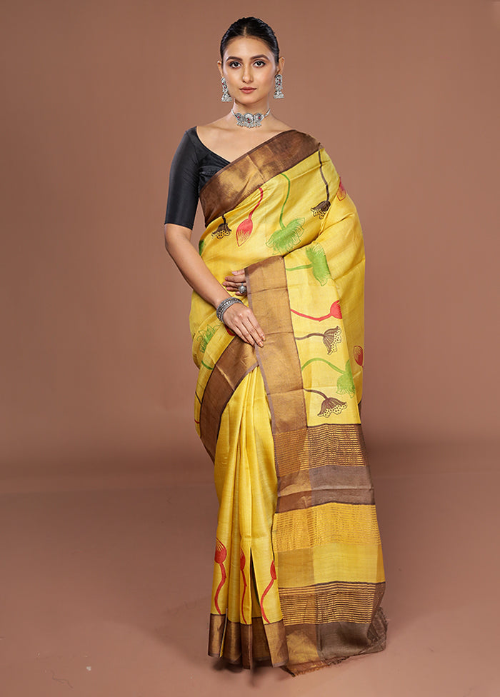 Yellow Tussar Silk Saree With Blouse Piece
