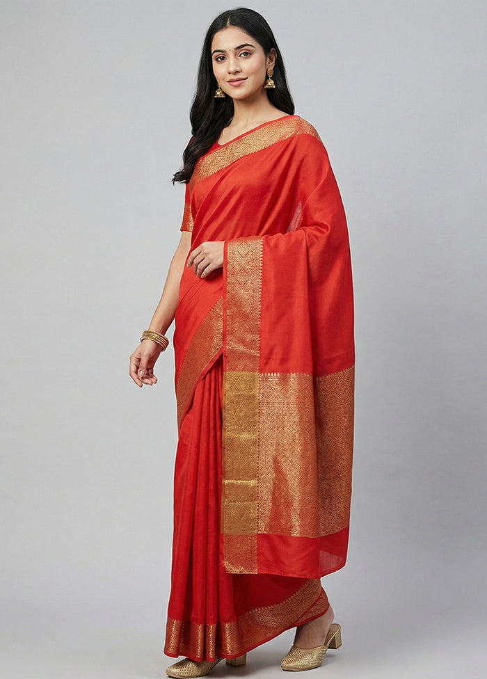 Red Dupion Silk Saree With Blouse Piece