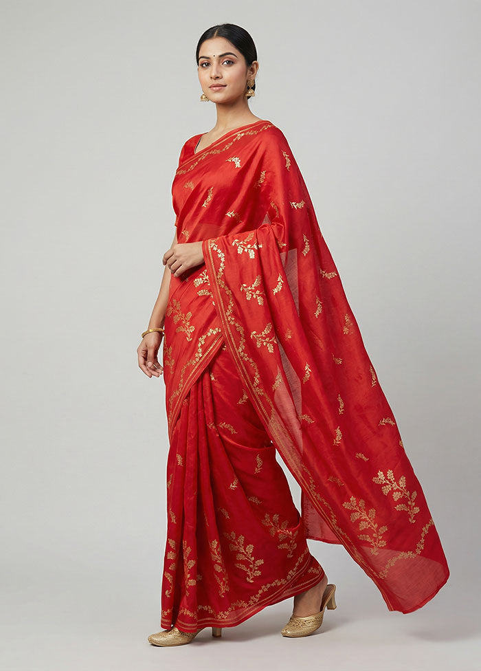 Red Banarasi Silk Saree With Blouse Piece