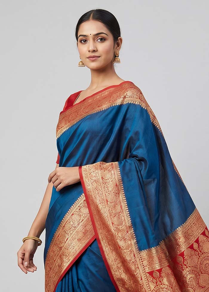 Blue Banarasi Silk Saree With Blouse Piece
