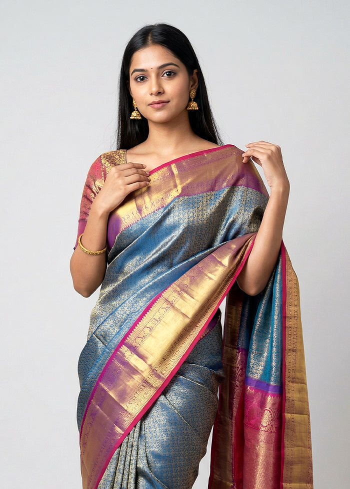 Blue Handloom Kanchipuram Pure Silk Saree With Blouse Piece