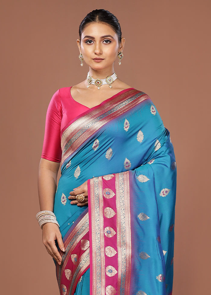 Blue Dupion Silk Saree With Blouse Piece