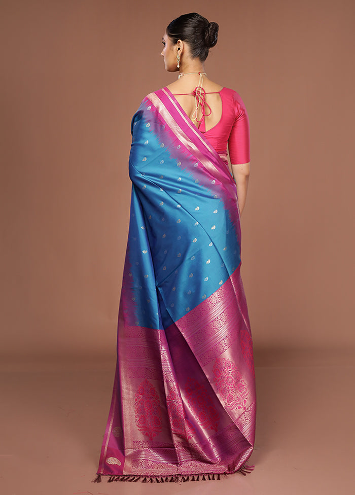 Blue Dupion Silk Saree With Blouse Piece