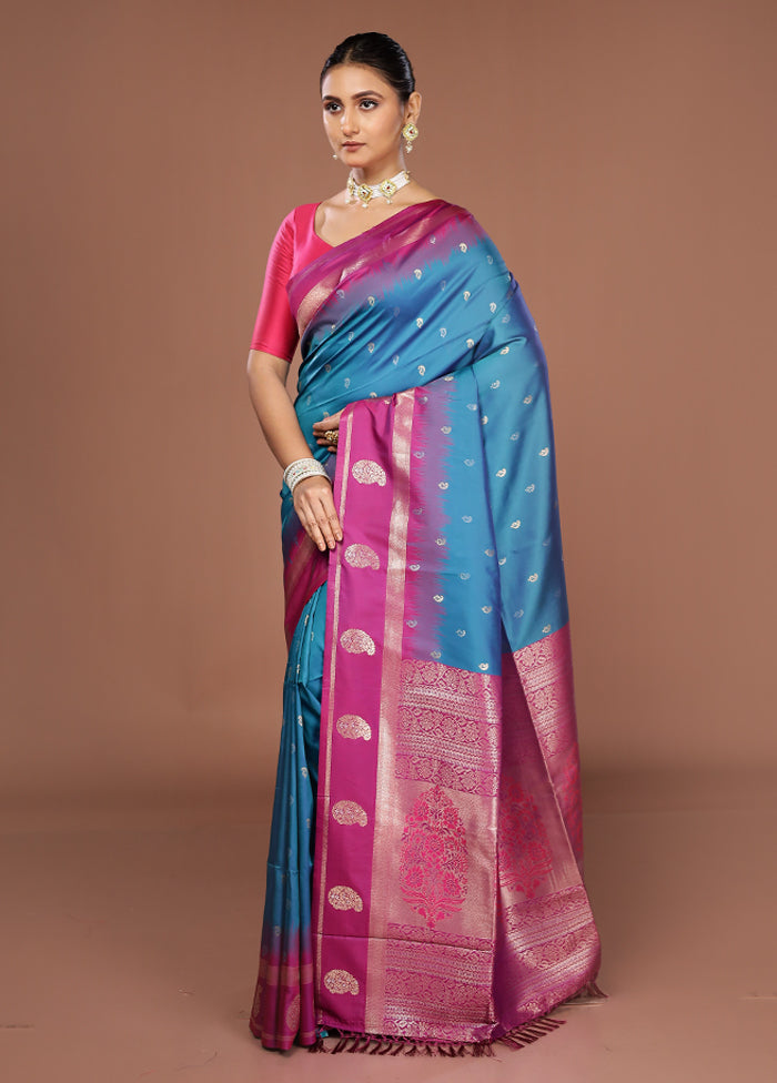 Blue Dupion Silk Saree With Blouse Piece