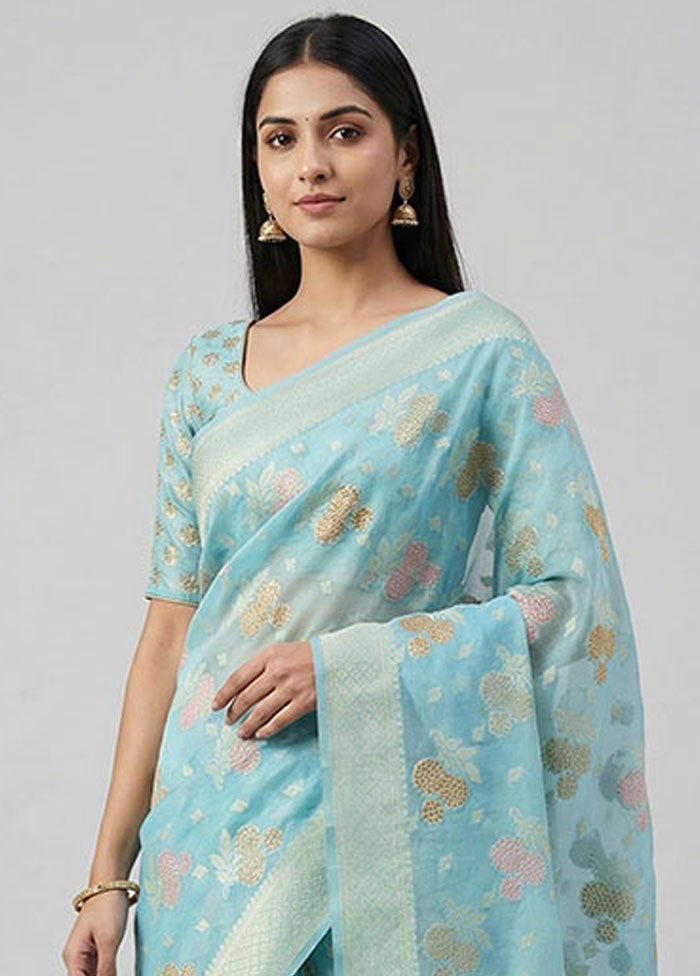 Blue Kora Silk Saree With Blouse Piece