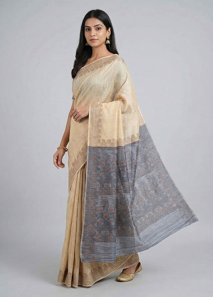Cream Dupion Silk Saree With Blouse Piece