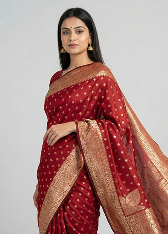 Maroon Kora Silk Saree With Blouse Piece