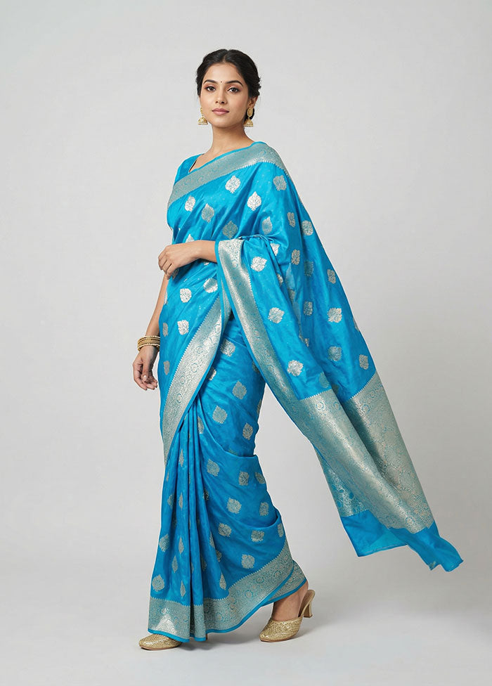 Blue Dupion Silk Saree With Blouse Piece
