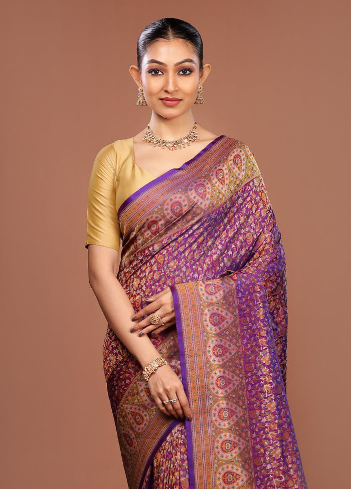 Purple Handloom Jamewar Pure Silk Saree With Blouse Piece