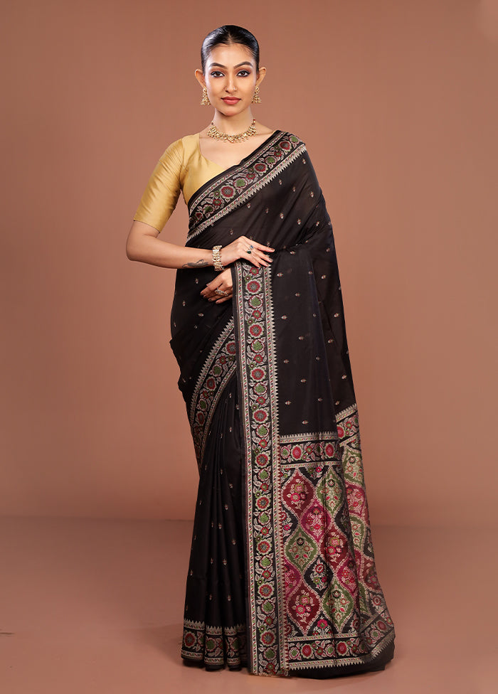 Black Handloom Jamewar Pure Silk Saree With Blouse Piece