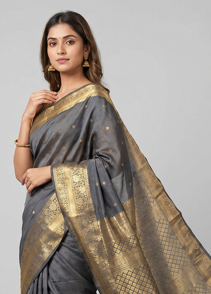 Black Handloom Kanchipuram Pure Silk Saree With Blouse Piece