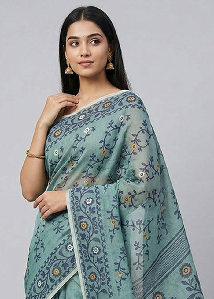 Blue Jamdani Cotton Saree Without Blouse Piece