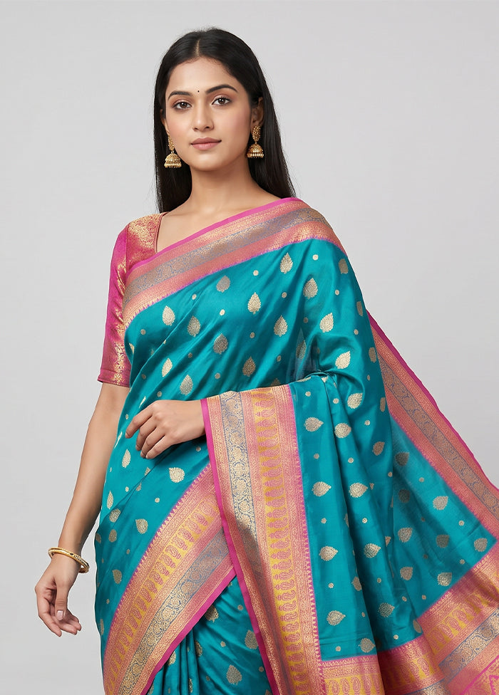 Blue Dupion Silk Saree With Blouse Piece