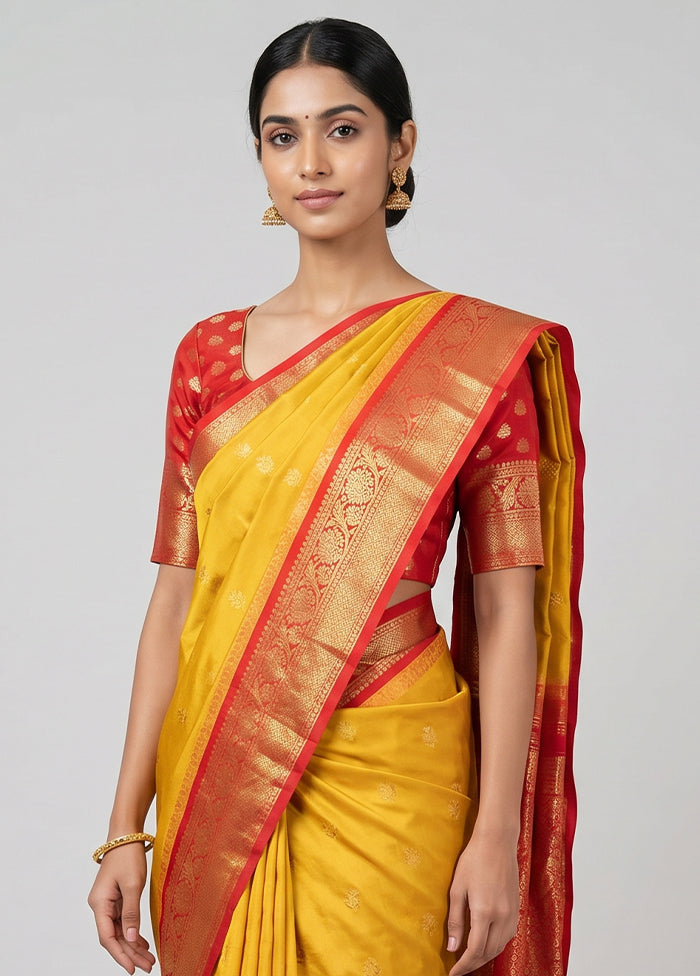 Yellow Gadwal Silk Saree Without Blouse Piece
