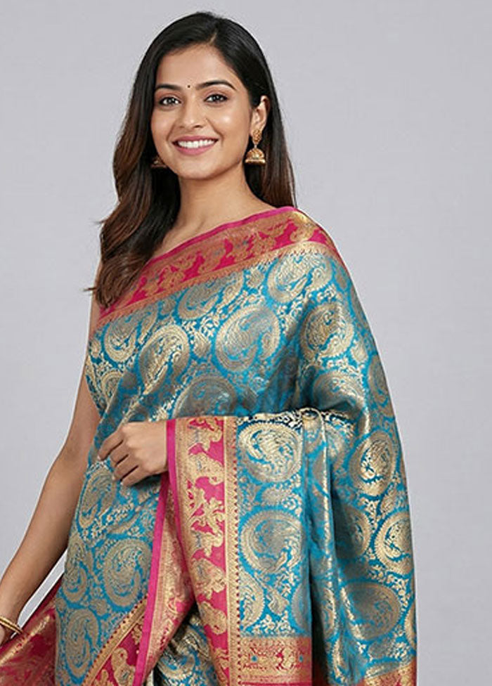 Blue Baluchari Silk Saree With Blouse Piece