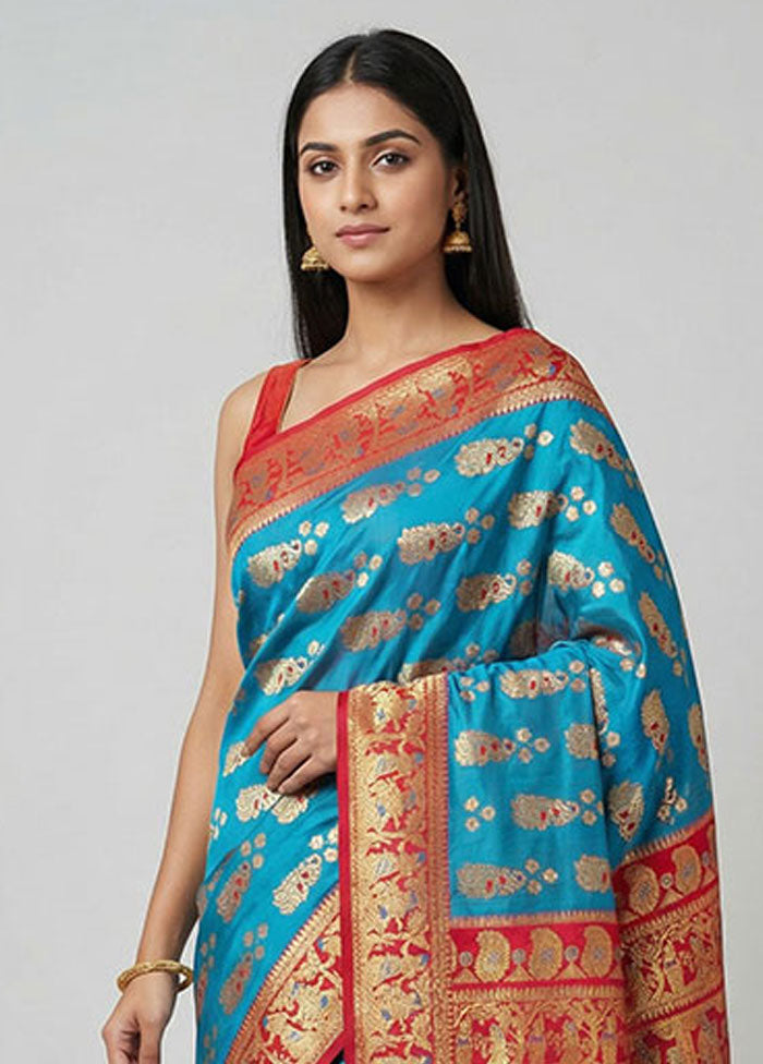 Blue Baluchari Silk Saree With Blouse Piece