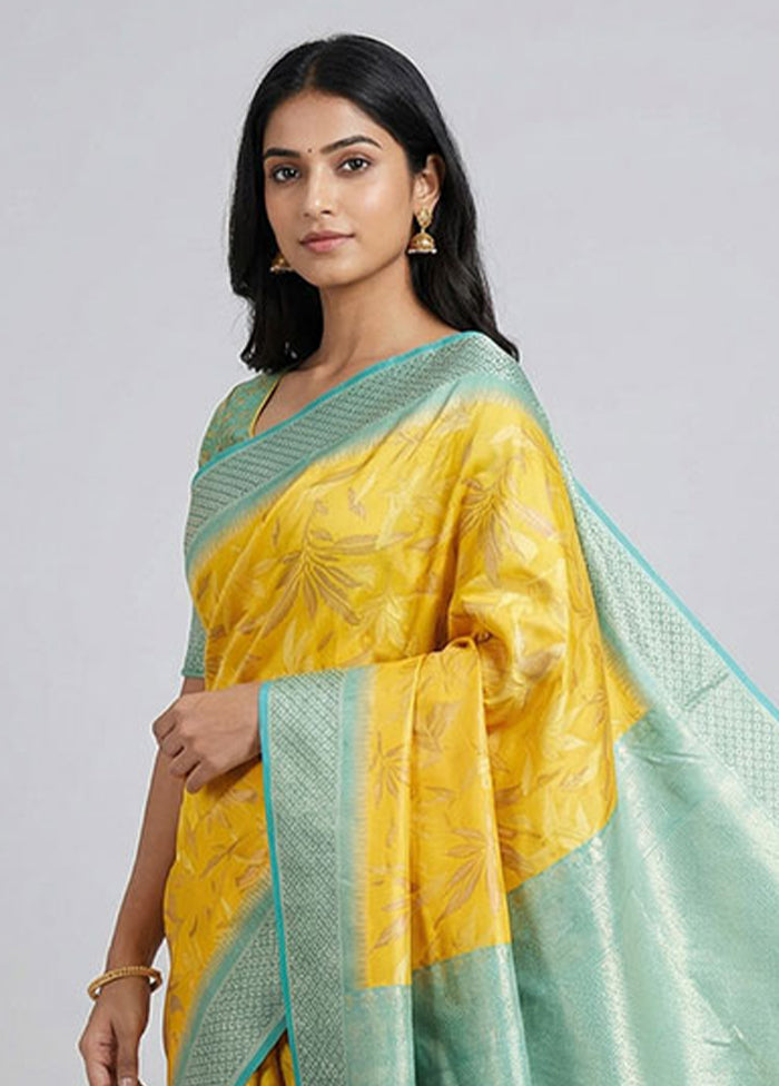 Yellow Dupion Silk Saree With Blouse Piece