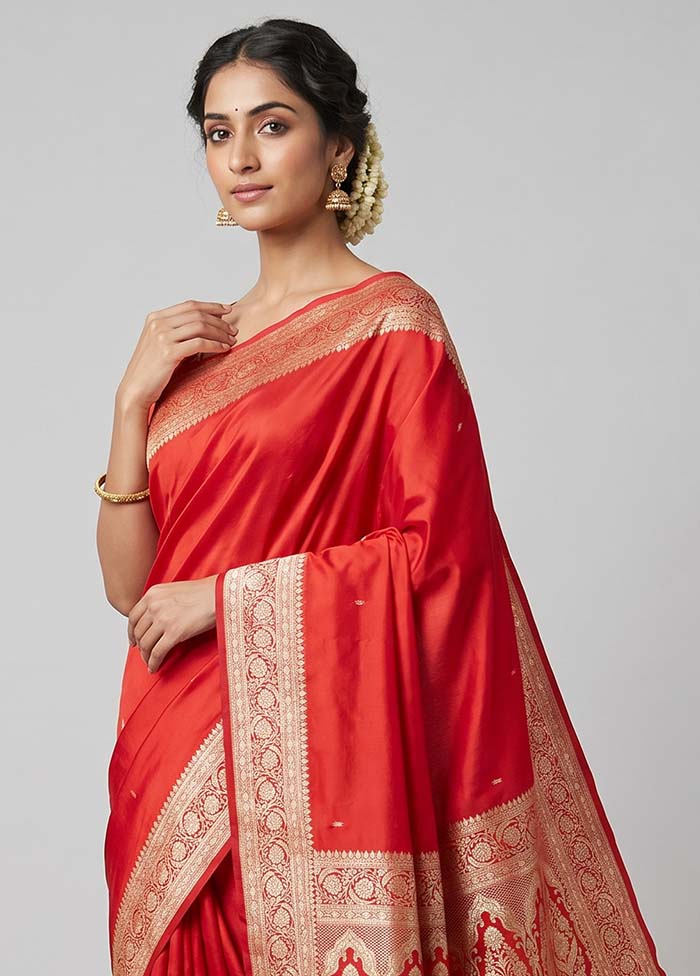 Red Banarasi Silk Saree With Blouse Piece