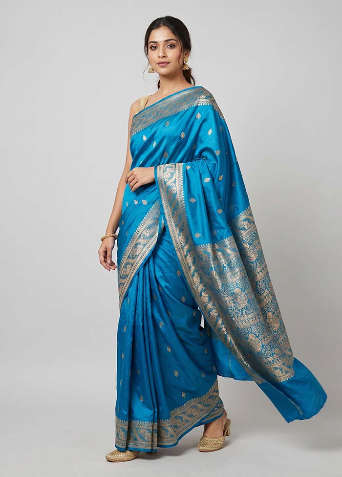 Blue Banarasi Silk Saree With Blouse Piece