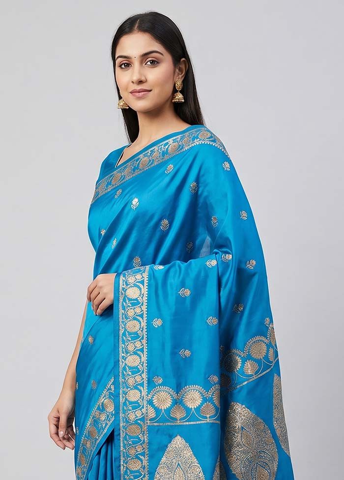 Blue Banarasi Silk Saree With Blouse Piece