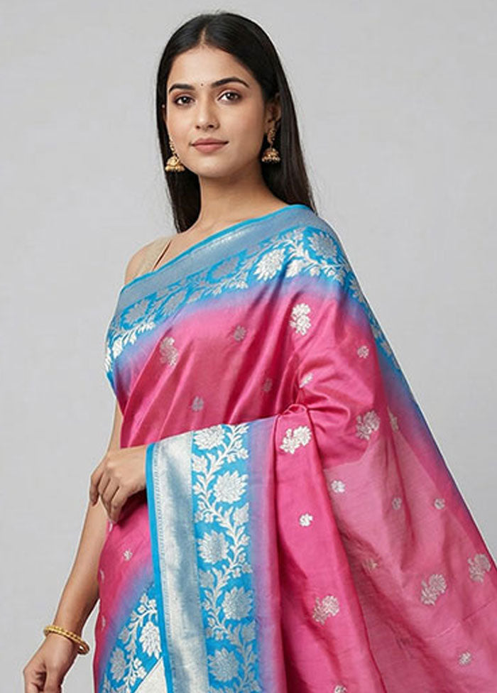 Blue Dupion Silk Saree With Blouse Piece