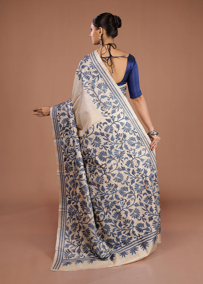 Cream Handloom Kantha Stitch Pure Silk Saree With Blouse Piece