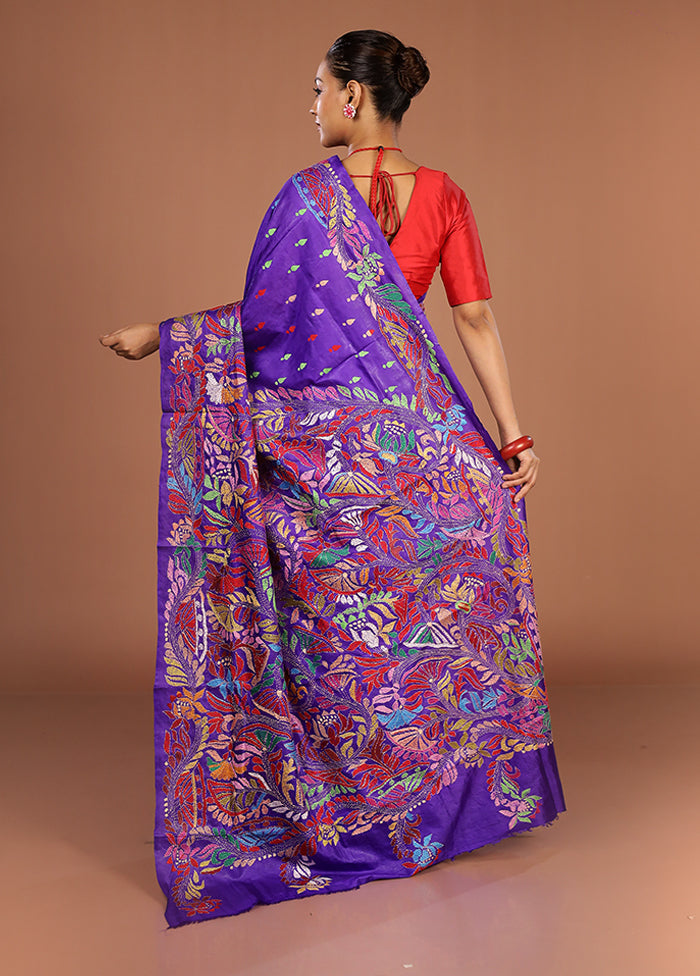 Blue Handloom Kantha Stitch Pure Silk Saree With Blouse Piece
