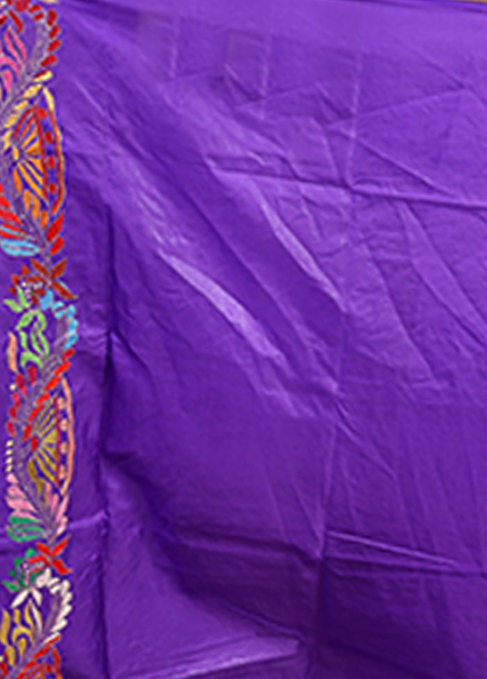 Blue Handloom Kantha Stitch Pure Silk Saree With Blouse Piece