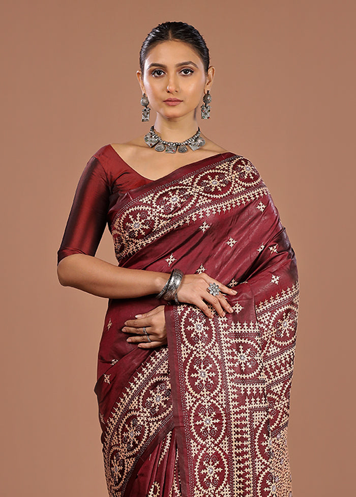 Maroon Handloom Kantha Stitch Pure Silk Saree With Blouse Piece