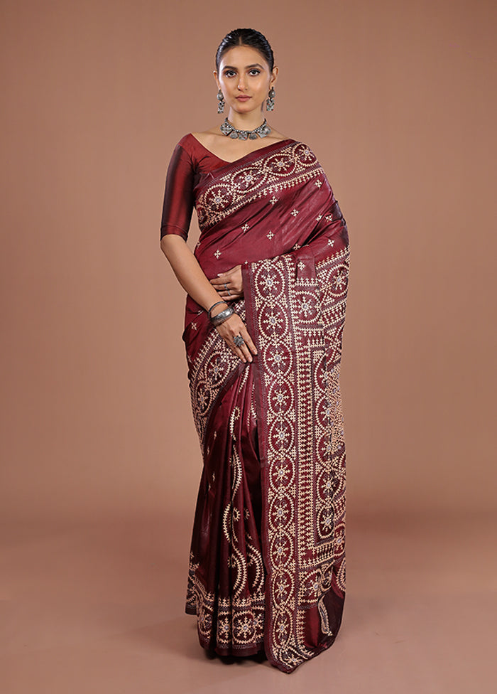 Maroon Handloom Kantha Stitch Pure Silk Saree With Blouse Piece