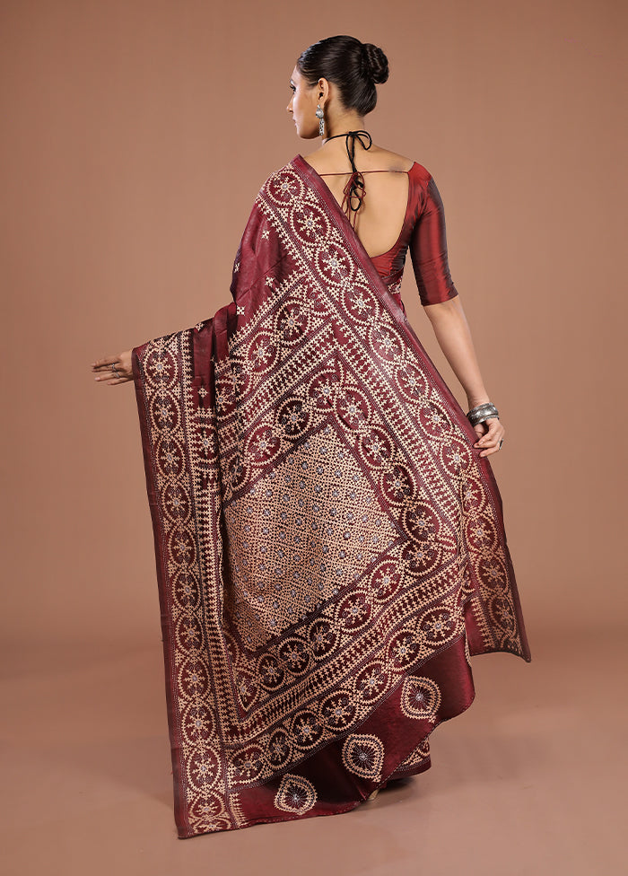 Maroon Handloom Kantha Stitch Pure Silk Saree With Blouse Piece