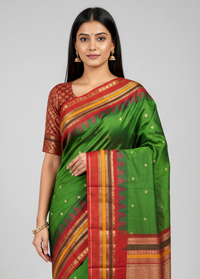 Green Handloom Kanjivaram Pure Silk Saree With Blouse Piece