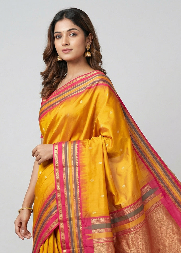 Yellow Handloom Kanjivaram Pure Silk Saree With Blouse Piece
