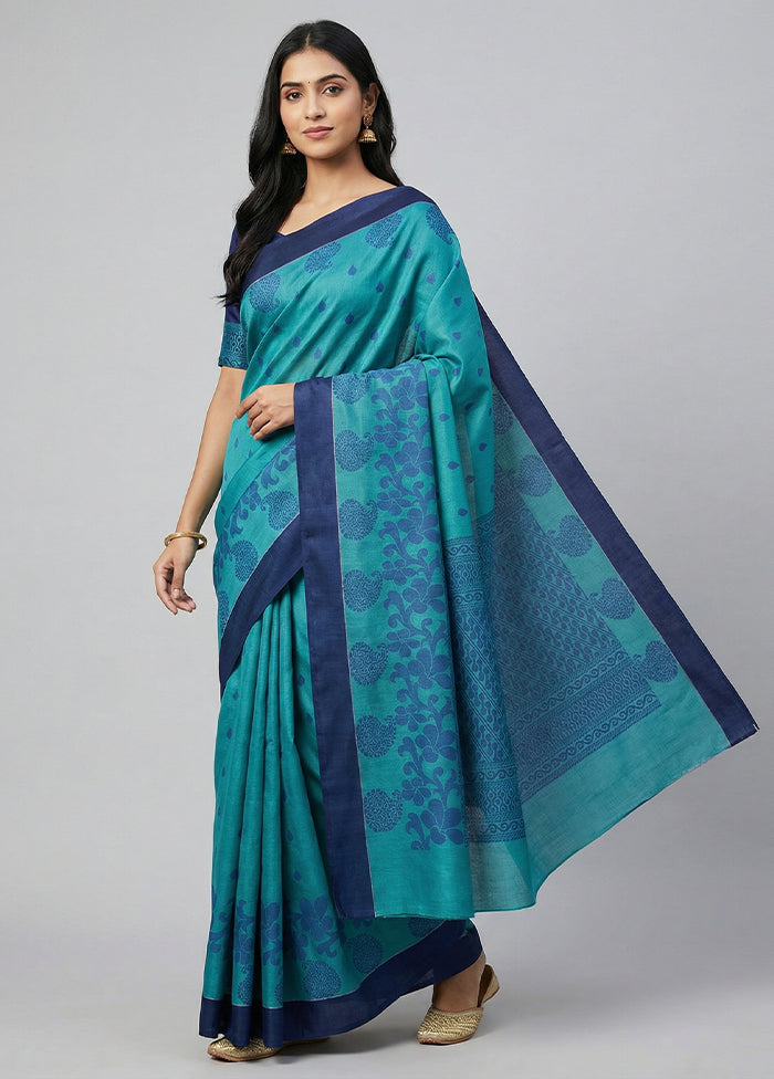 Green Cotton Saree With Blouse Piece