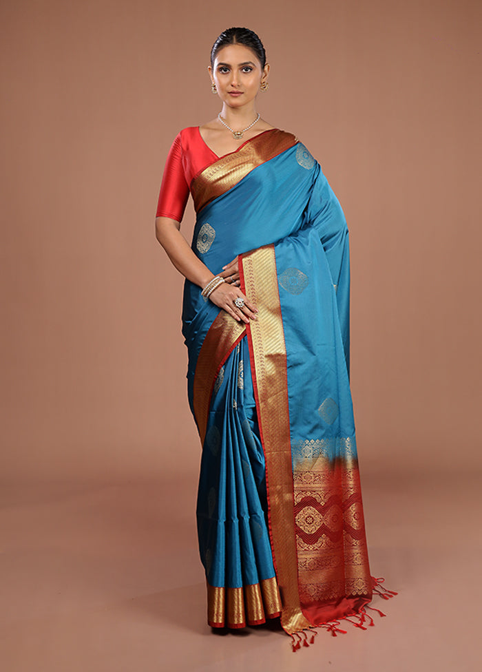 Blue Kanjivaram Silk Saree With Blouse Piece