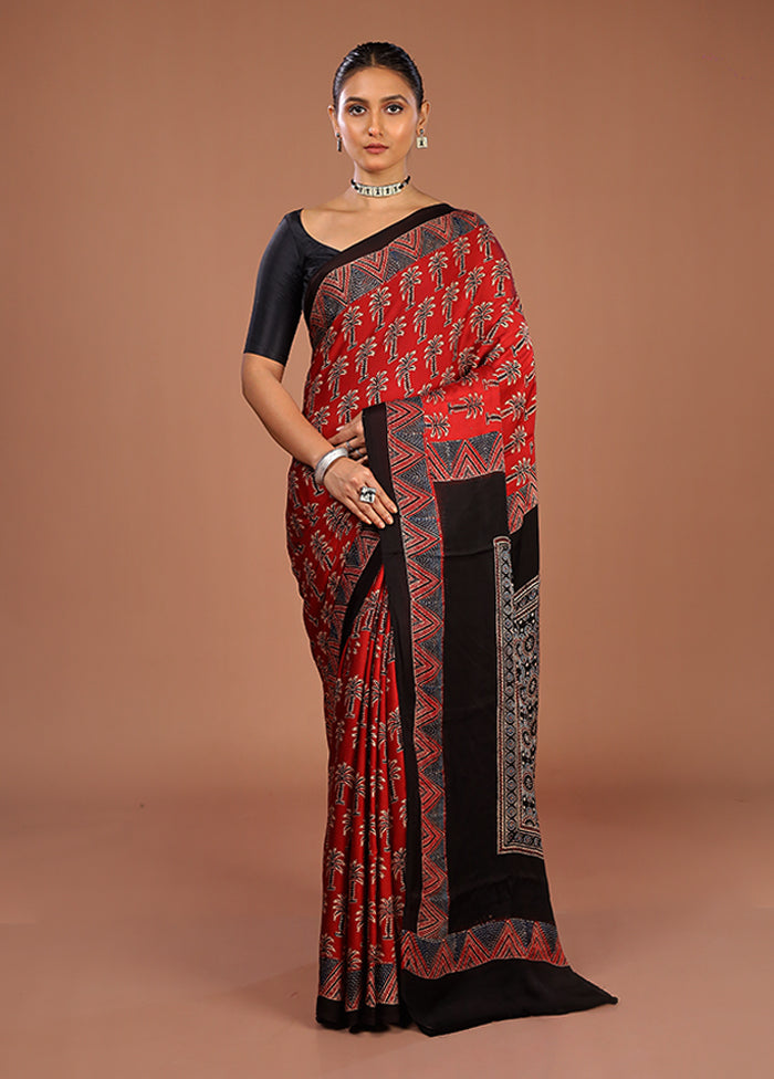 Red Printed Silk Saree Without Blouse Piece