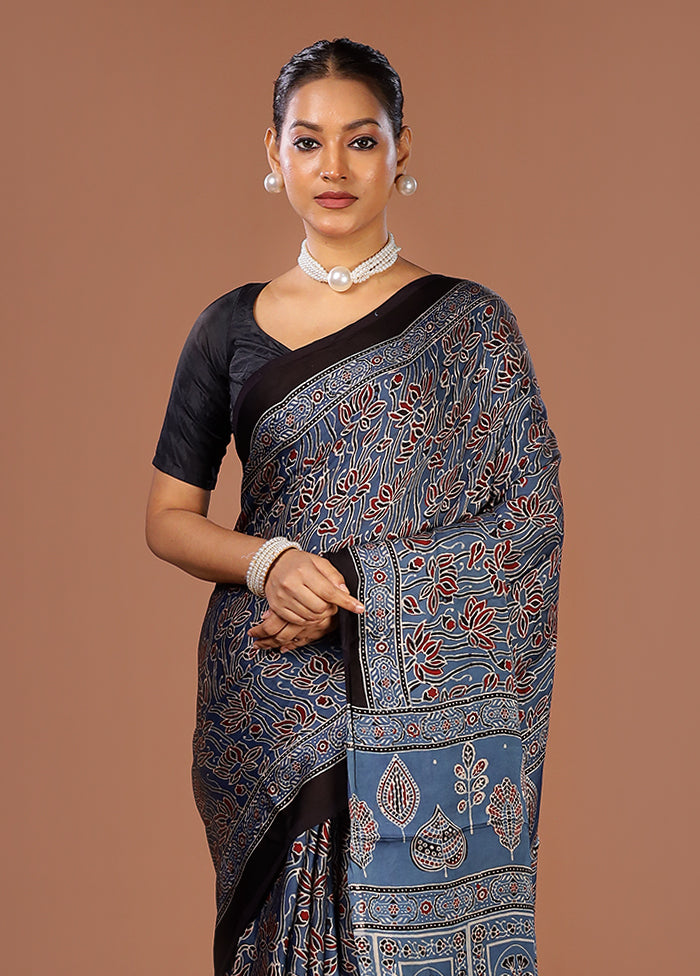 Blue Printed Silk Saree Without Blouse Piece