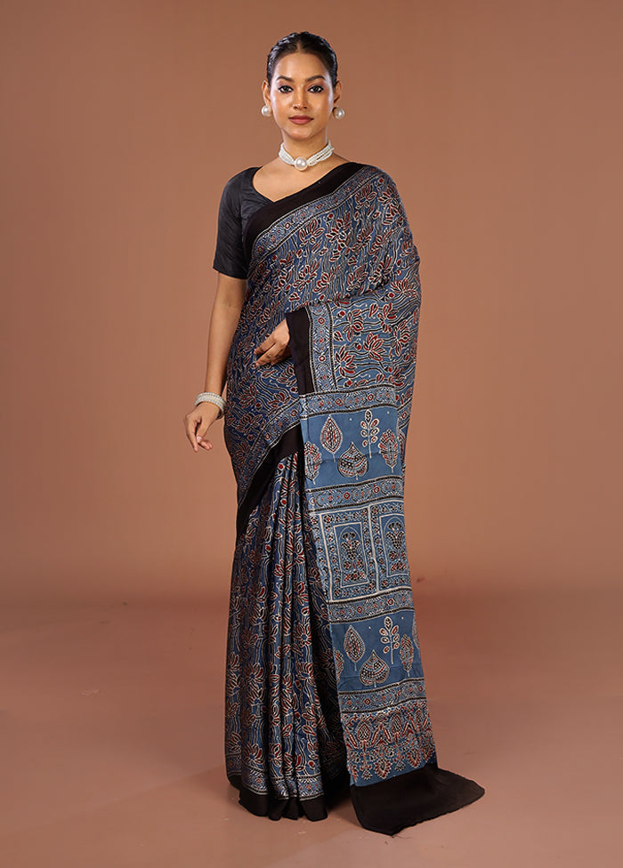 Blue Printed Silk Saree Without Blouse Piece